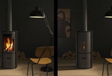 Des courbes subtiles pour des poêles à bois sobres et épurés qui ne laissent que la vision du feu avec toujours le système Stûv des trois portes tournantes qui suivent vos envies (foyer ouvert, porte pleine, foyer femré).