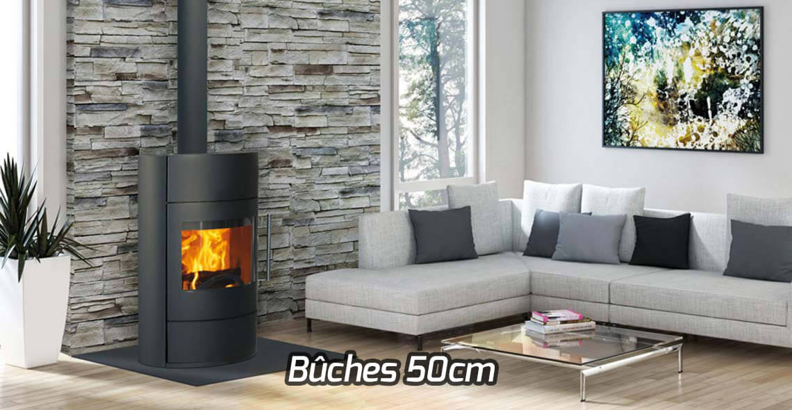 Poêle à bois Fonte Flamme Fifti, poêle contemporain pour bûches de 50 centimetres.